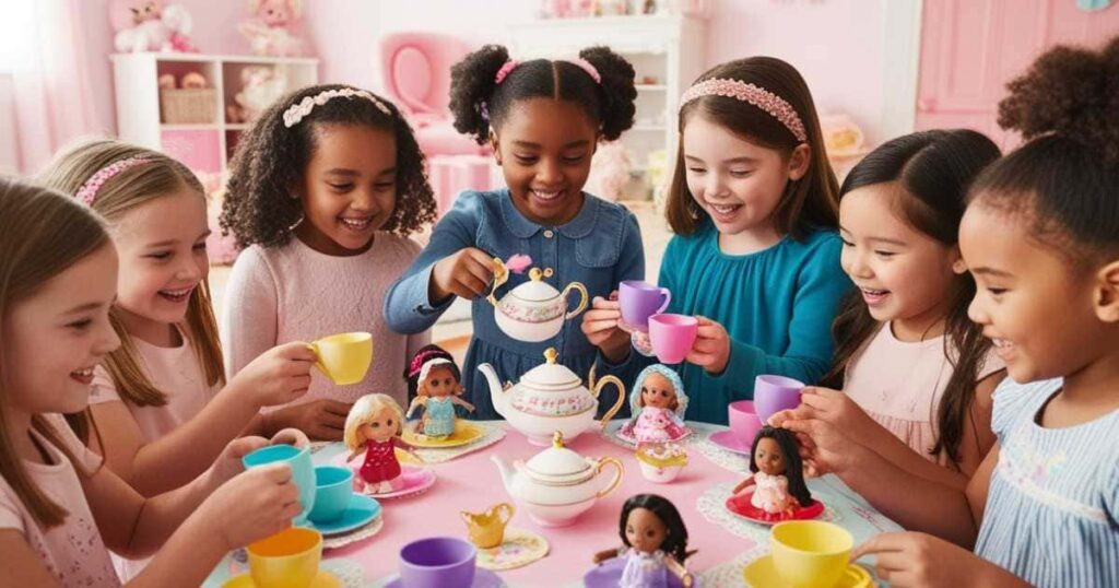 sete meninas ao redor de uma mesa com xícaras nas mão e a menina do centro servindo com um bule  , em cima da mesa tem pequenos pratos e bonecas.