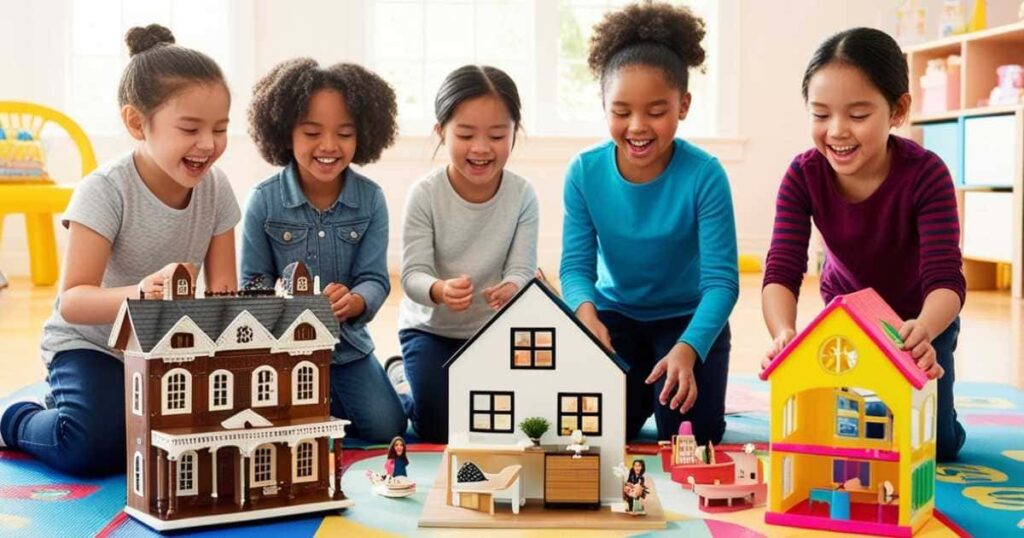 cinco meninas brincando com três casinhas de boneca diferentes