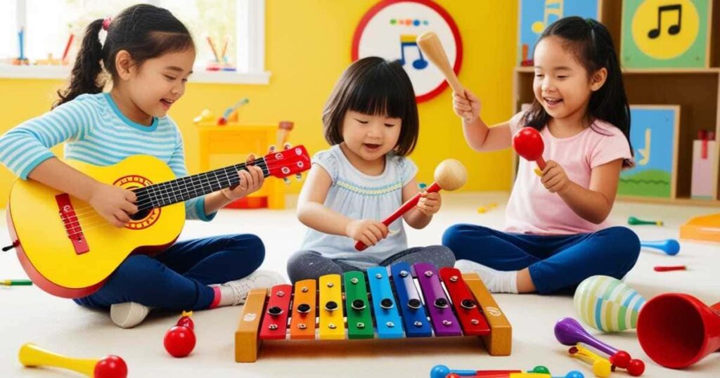 três meninas sentadas se divertindo com vários instrumentos musicais, uma segura um violão