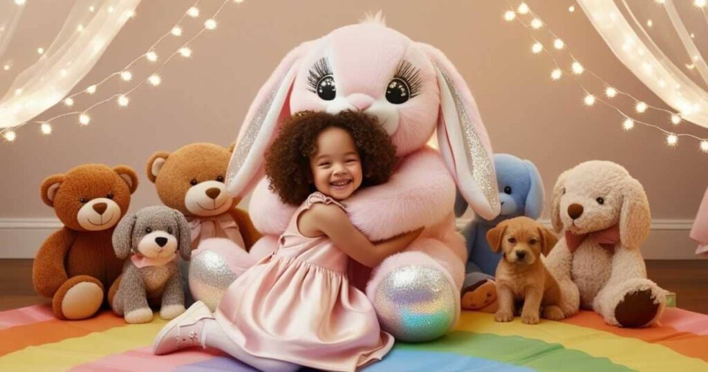 uma menininha abraçada com um coelhão rosa de pelúcia e atrás deles diversos bichinhos de pelúcia