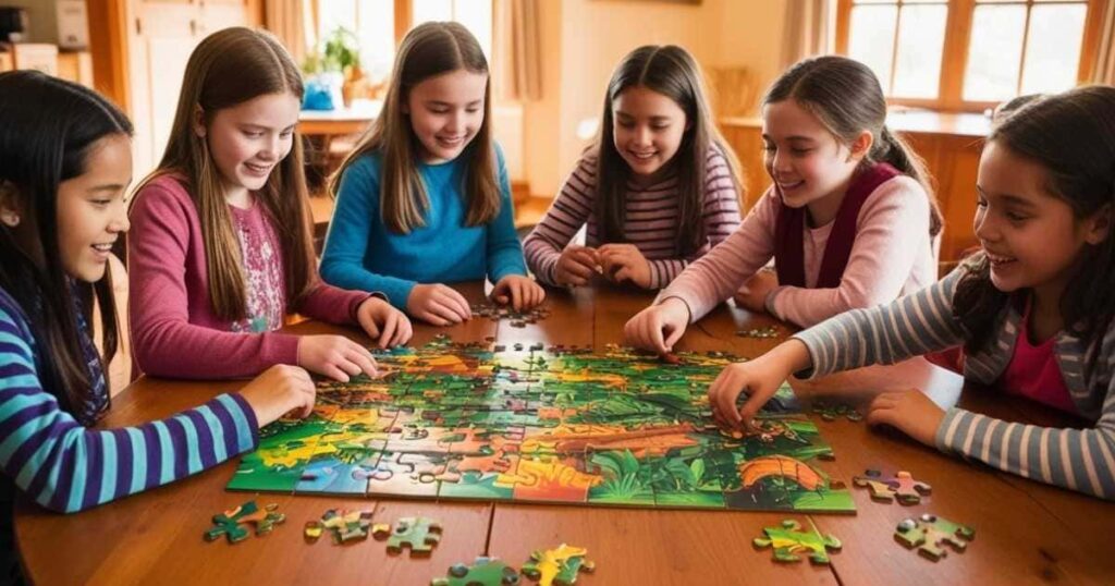 seis meninas montando um quebra-cabeças em cima de uma mesa de madeira