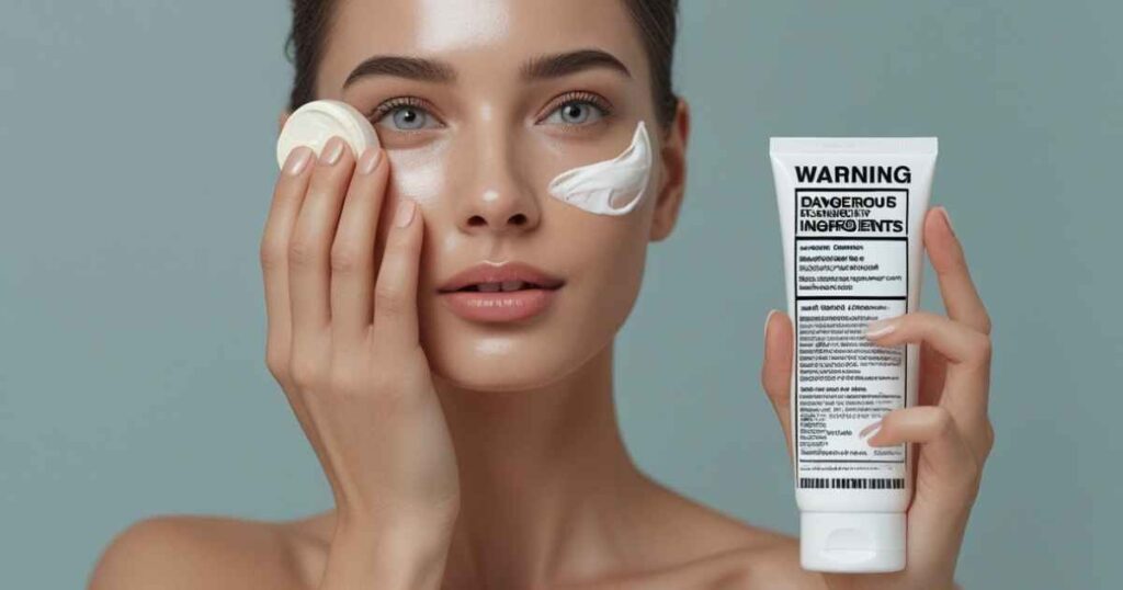 mulher com olhar assustado mostrando um pote de creme com a inscrição "Warning" e "Dangerous" após ter passado na face.