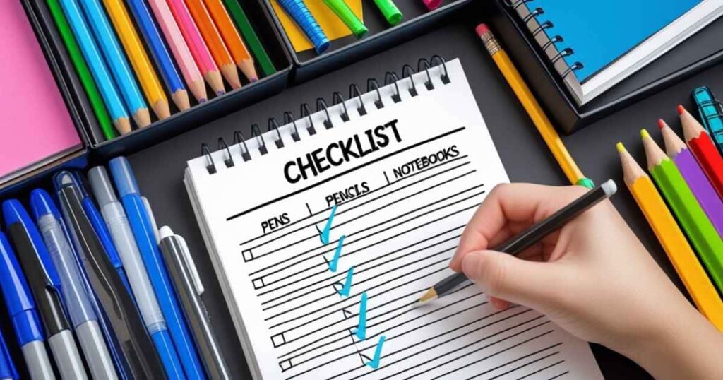 a imagem mostra um papel com nomes de materiais escolares e pequenos quadrados sendo marcados por uma mão com um lápis indicando checagem. No topo tem o a palavra "Checklist"