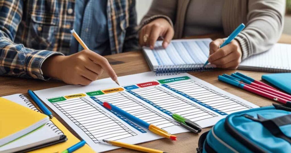 a iamgem mostra um casal analisando uma extensa lista de material escolar