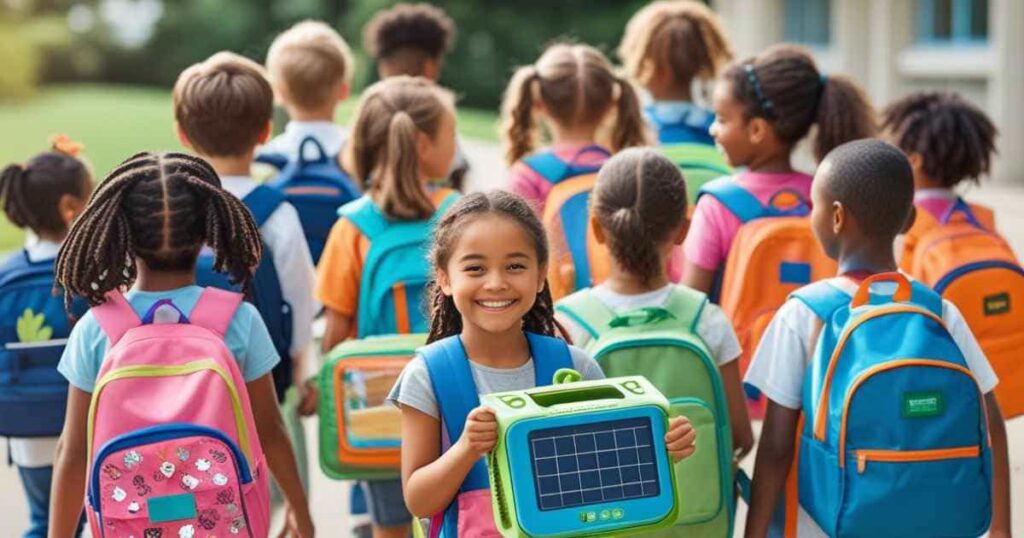 várias crianças chegando na escola com mochilas nas costas e uma menina de frente para câmera olhando para tela e mostrando uma mochila com placa solar.
