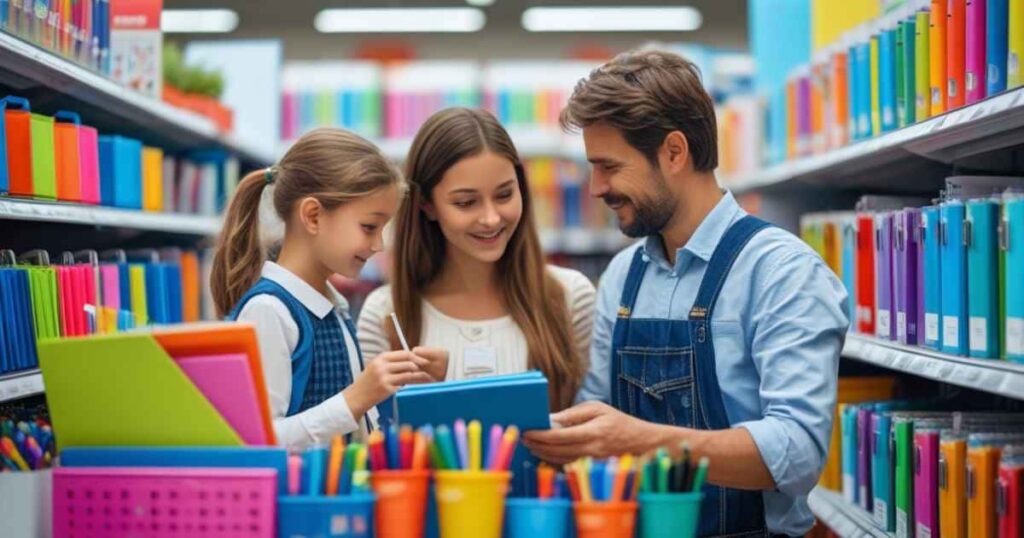 a imagem mostra uma família com a mãe ao centro, o pai do lado direito e a filhinha do lado esquerdo, eles estão em um corredor de materiais escolares escolhendo os materiais da filha e sorrindo