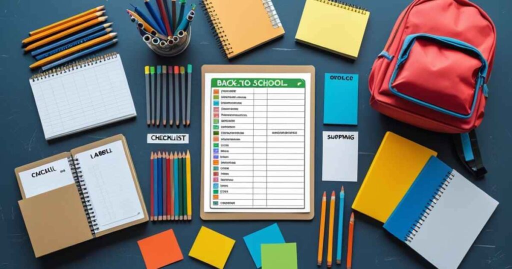 a imagem mostra um fundo azul com diversos materiais escolares como lápis, caderno, O papel post it, cadernetas e no centro uma lista de checagem com a frase "back to school"