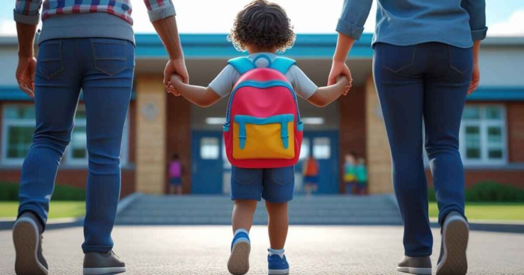 a imagem mostra um pequeno menino segurando as mãos de seu pai que está do lado esquerdo e de sua mãe que esta do lado direito, a criança carrega nas costas uma mochila vermelha com detahes azuis e amarelo, eles estão de costas para tela e de frente para escola.