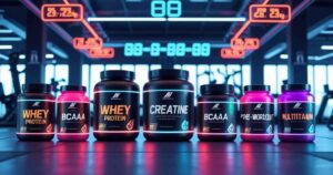 imagem de 7 potes de suplementos para iniciantes na academia, da esquerda para direita: whey protein, bcaa, whey protein, creatine,bcaa, pre-workout,multivitamin, no teto tem relogios de luses como em academias