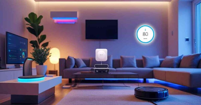 sala de casa com diversos itens inteligentes, splinter, termostato, aspirador, assistente de voz e outros