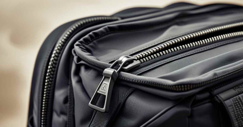 a parte de cima de uma mochila para notebook dando enfase no ziper e na costura