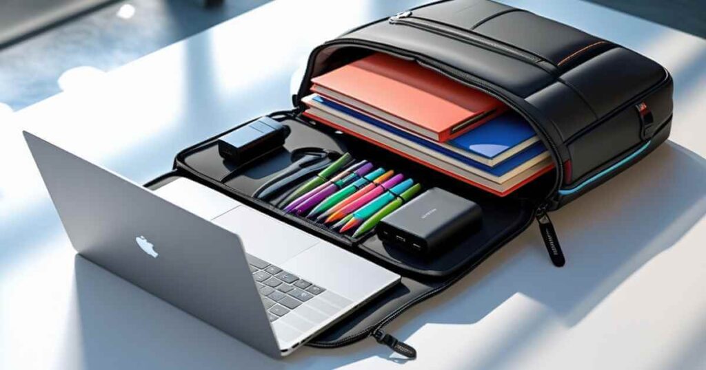 uma mochila para notebook aberta com vários itens, notebook, lápis, cadernos, carregador, organizados em diferentes compartimentos