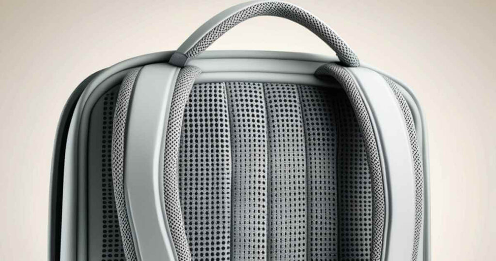 a aperte de cima de uma mochila para notebook com furinhos para transpirar e alças macias aparentando muito conforto