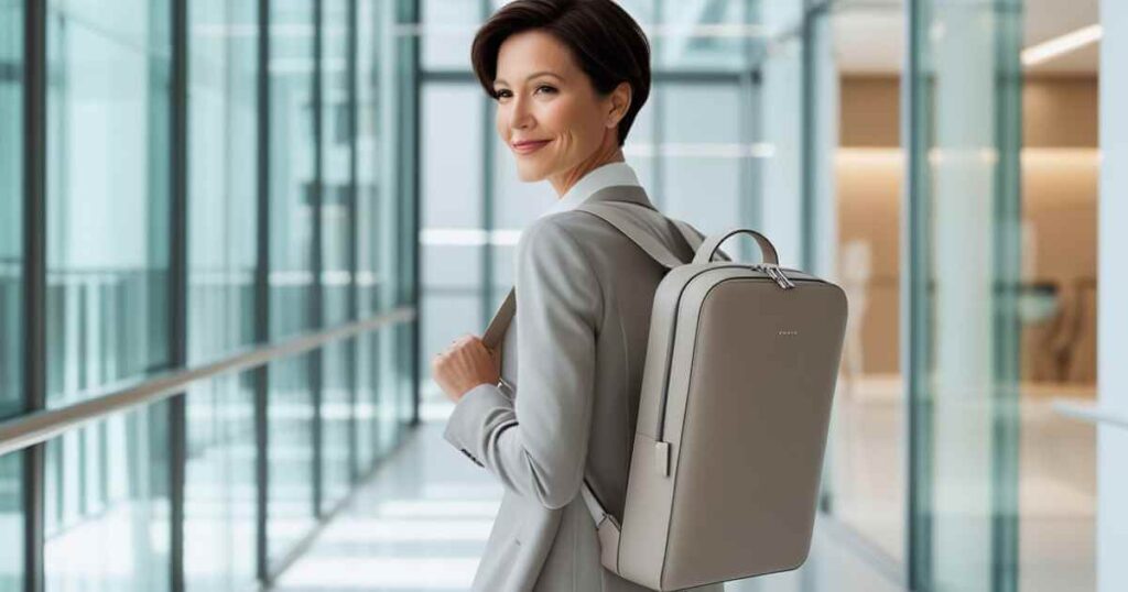 uma mulher de costas para tela olhando para trás sorridente, bem vestida e com uma mochila para notebook nas costas