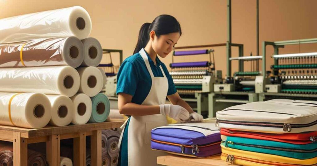 mulher com avental e luvas em uma fábrica de mochila para notebook, ao fundo máquinas e rolos de material 