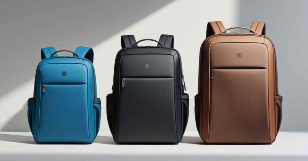 mochila para notebook de tamanhos e cores diferentes da direita para esquerda 3 mochilas em ordem decrescente de tamanho