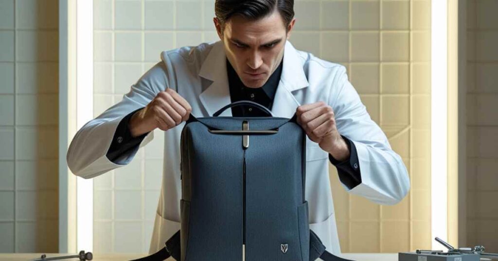 uma homem vestido de cientista analisando uma mochila para notebook